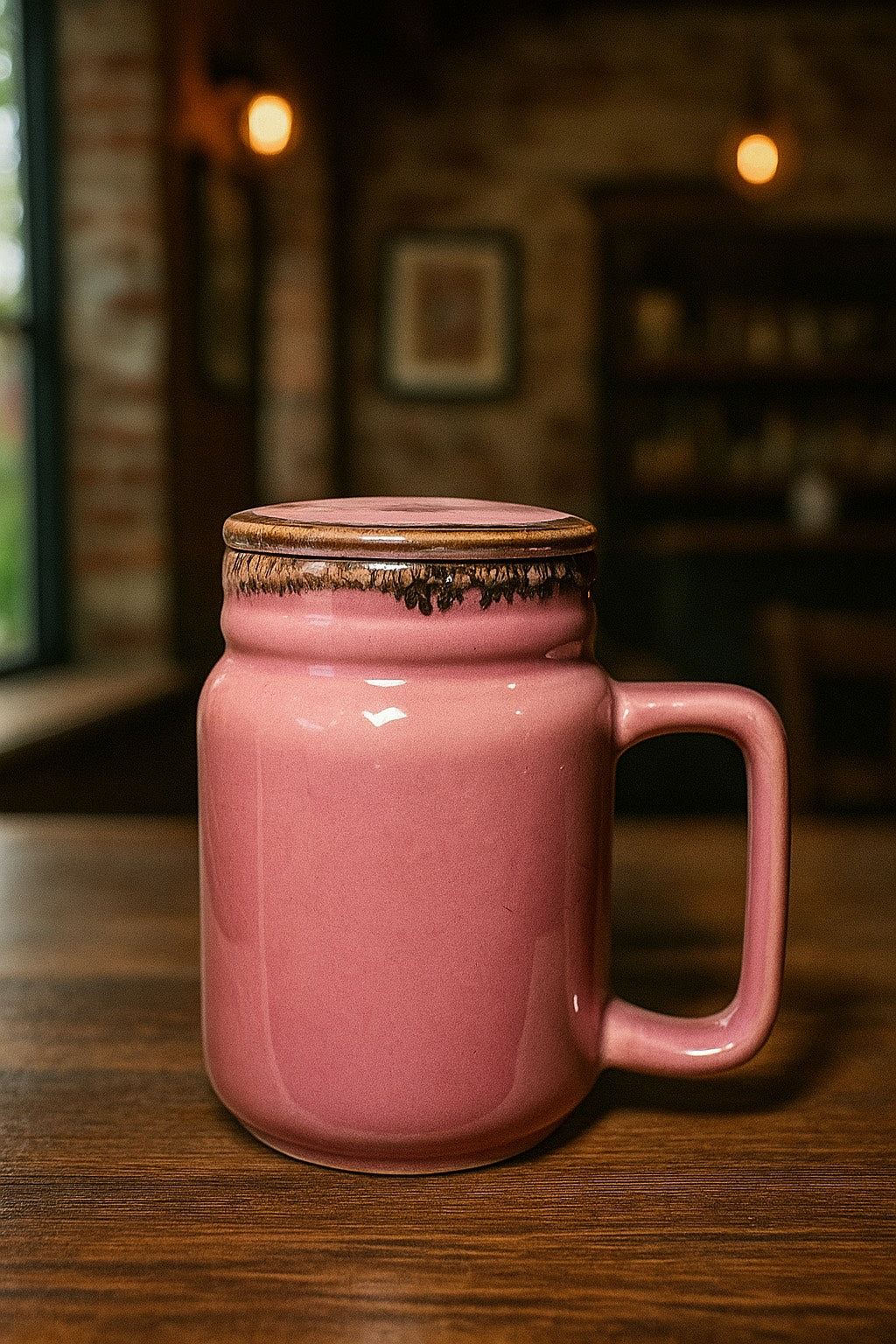 YUTORI Handmade Ceramic Coffee Mug with Lid – Pink Glazed with Drip Design– Cute & Stylish Drinkware for Home & Office | Perfect for Tea, Coffee & Gifting | Microwave Safe- 600ml
