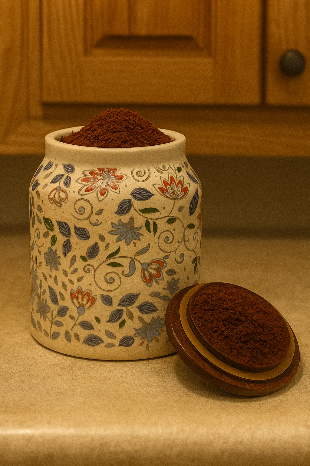 YUTORI Set of 1 Handcrafted Ceramic Storage Jar with Wooden Lid Cap– Multicolour Floral Design | Airtight Kitchen Container for Tea, Pickle, Sugar, Salt, Spices, Snacks & More- 450 Ml