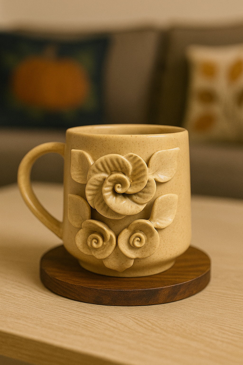 YUTORI Handcrafted 3D Ceramic Coffee Mugs | Artistic Floral Design | 450ml | Perfect for Tea, Coffee & Gifting | Microwave Safe Light Tan Colour- 1 Pcs