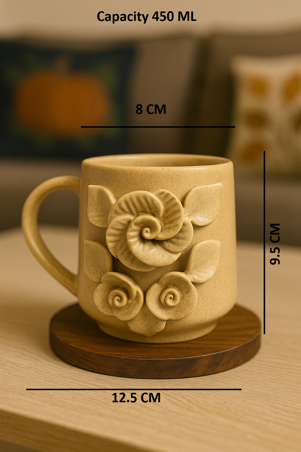 YUTORI Handcrafted 3D Ceramic Coffee Mugs | Artistic Floral Design | 450ml | Perfect for Tea, Coffee & Gifting | Microwave Safe Light Tan Colour- 1 Pcs