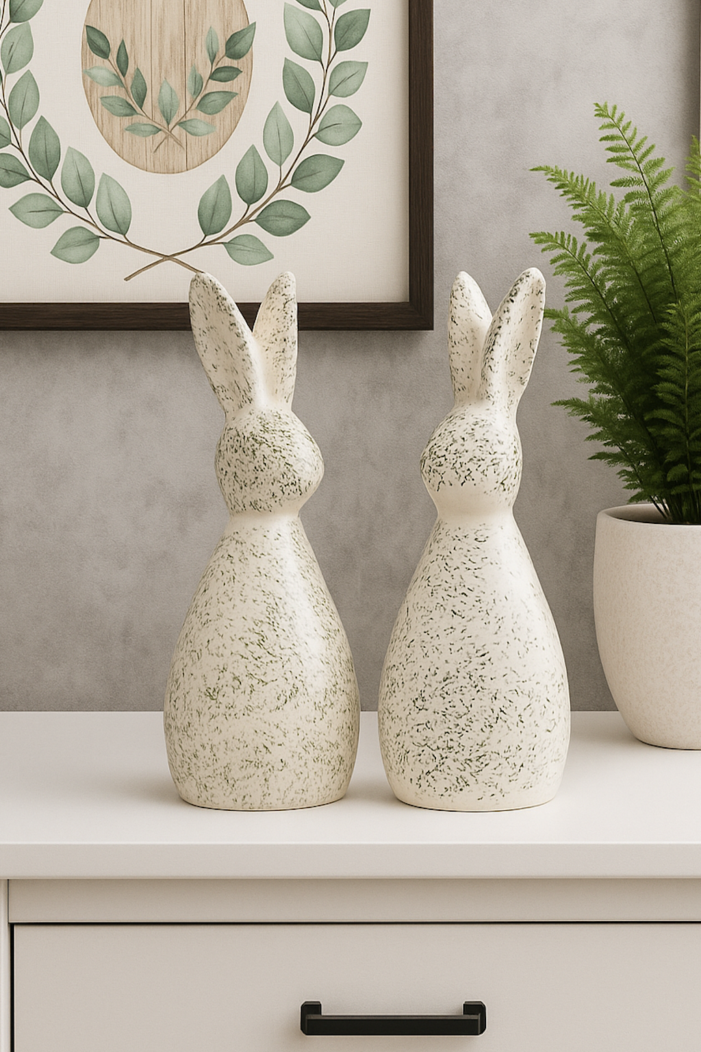 Set of 2 Handcrafted Ceramic Decor Bunny Figurine Green