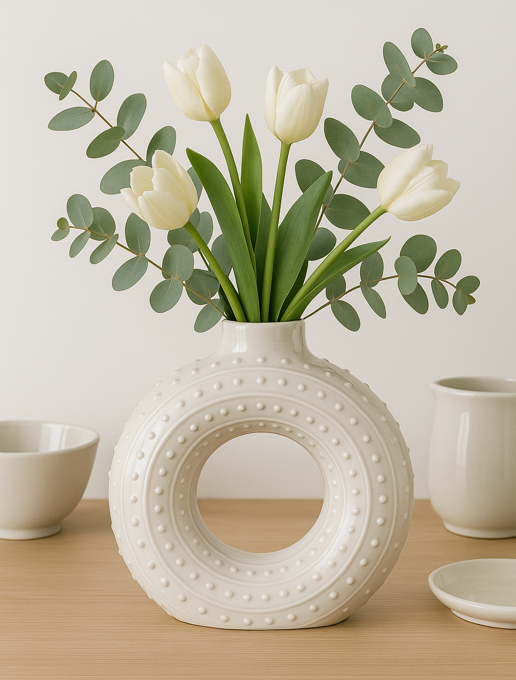 Modern Ceramic Donut Vase with Textured Dots Showpiece Vase - Cream