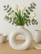 Modern Ceramic Donut Vase with Textured Dots Showpiece Vase - Cream