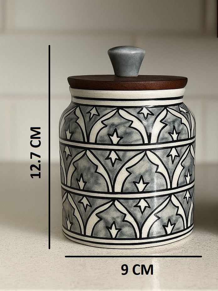YUTORI Handcrafted Kitchenware Ceramic Container With Air Tight Wooden Lid Cap For Tea, Pickle, Sugar, Salt and Other Kitchen Items Hand Made Ceramic Jar 400 Ml each (800ml) - Set of 2 Grey