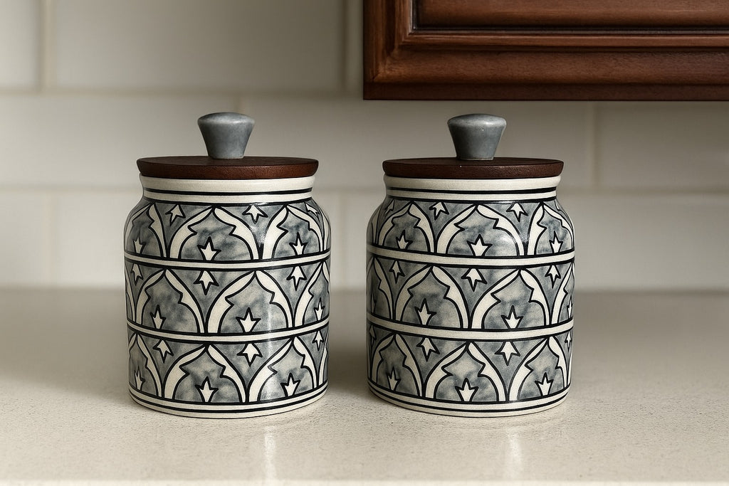 YUTORI Handcrafted Kitchenware Ceramic Container With Air Tight Wooden Lid Cap For Tea, Pickle, Sugar, Salt and Other Kitchen Items Hand Made Ceramic Jar 400 Ml each (800ml) - Set of 2 Grey