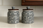 YUTORI Handcrafted Kitchenware Ceramic Container With Air Tight Wooden Lid Cap For Tea, Pickle, Sugar, Salt and Other Kitchen Items Hand Made Ceramic Jar 400 Ml each (800ml) - Set of 2 Grey
