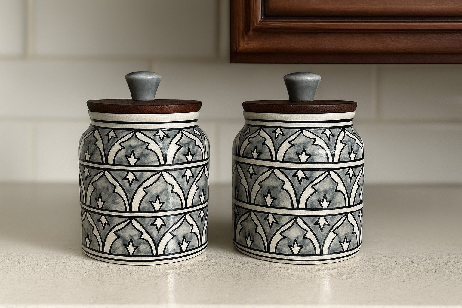 YUTORI Handcrafted Kitchenware Ceramic Container With Air Tight Wooden Lid Cap For Tea, Pickle, Sugar, Salt and Other Kitchen Items Hand Made Ceramic Jar 400 Ml each (800ml) - Set of 2 Grey