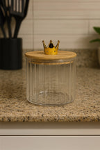 YUTORI Set of 2 Royal Crown Borosilicate Glass Jar Set with Bamboo Lids & Bamboo Tray – Clear Storage Containers for Kitchen – Airtight Spice, Sugar, Tea, Coffee Organizer