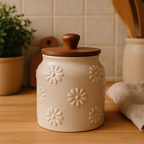YUTORI Handcrafted Embossed Daisy Pattern Kitchenware Ceramic Container With Air Tight Wooden Lid Cap For Tea, Pickle, Sugar, Salt and Other Kitchen Items Hand Made Ceramic Jar- 400 ML