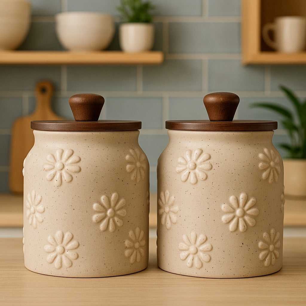 Set of 2 Handcrafted Embossed Daisy Pattern Kitchenware Ceramic Container Jar