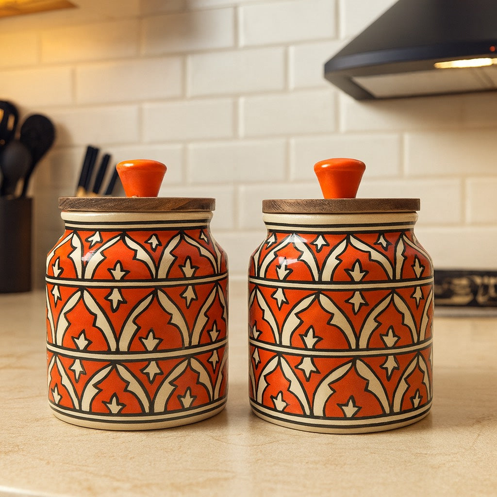 YUTORI Handcrafted Kitchenware Ceramic Container With Air Tight Wooden Lid Cap For Tea, Pickle, Sugar, Salt and for other Kitchen Items Ceramic Jar 400 Ml each (800ml)- Orange Set of 2