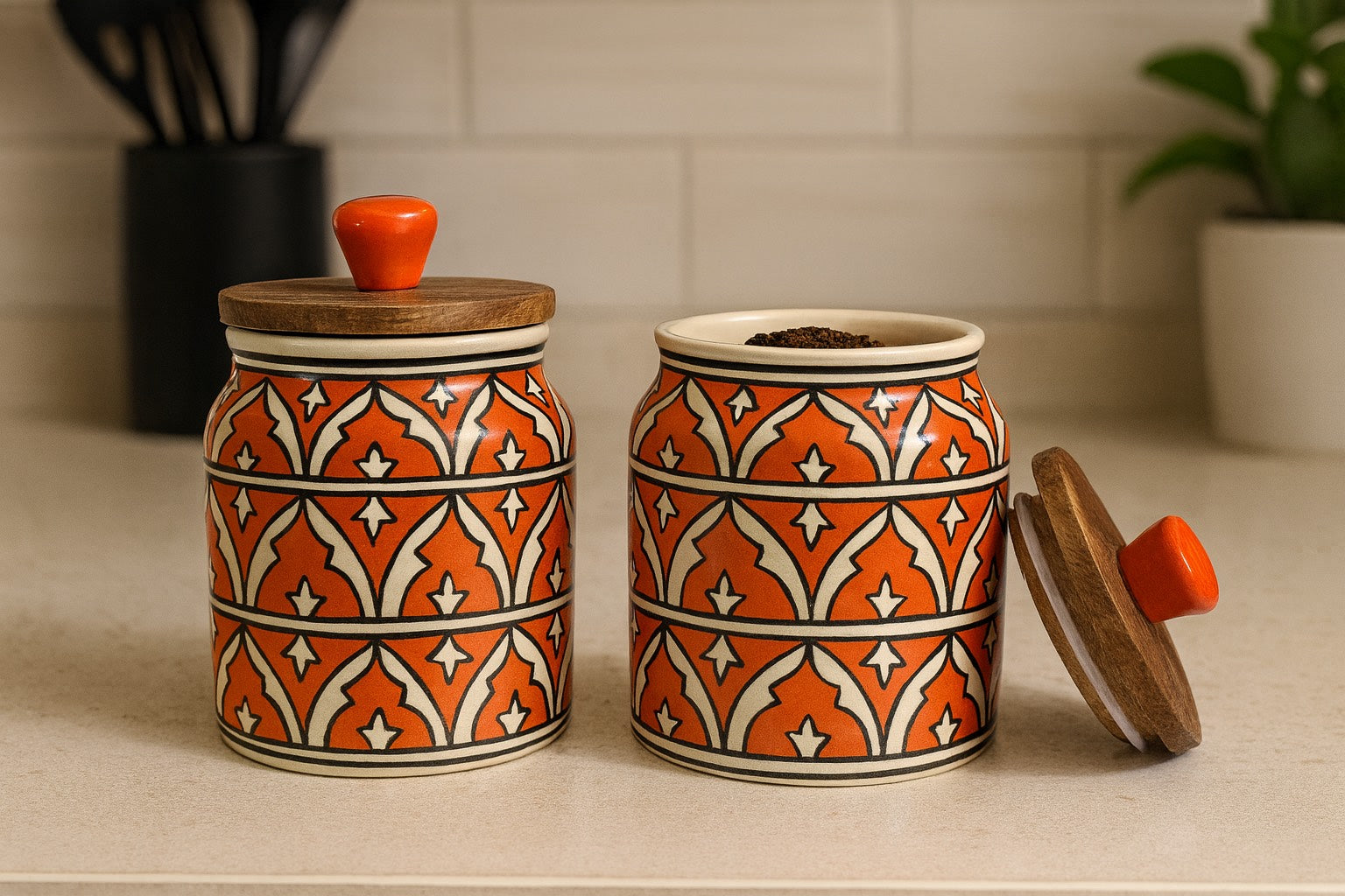 YUTORI Handcrafted Kitchenware Ceramic Container With Air Tight Wooden Lid Cap For Tea, Pickle, Sugar, Salt and for other Kitchen Items Ceramic Jar 400 Ml each (800ml)- Orange Set of 2
