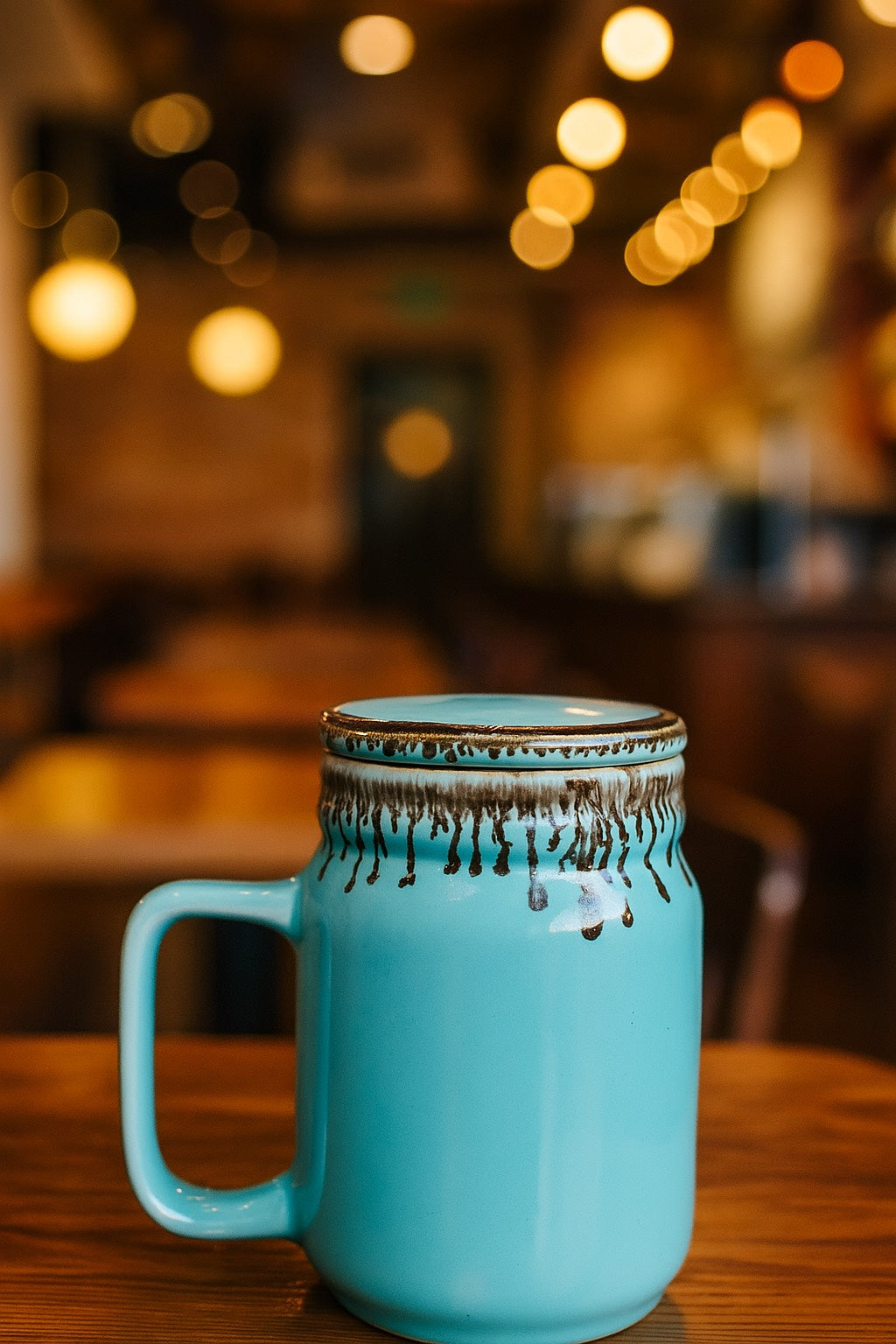 Handmade Ceramic Coffee Mug with Lid – Aquamarine Glazed with Drip Design– Cute & Stylish Drinkware for Home & Office | Perfect for Tea, Coffee & Gifting | Microwave Safe- 600ml