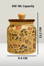 YUTORI Set of 1 Handcrafted Ceramic Storage Jar with Wooden Lid Cap– Multicolour Floral Design | Airtight Kitchen Container for Tea, Pickle, Sugar, Salt, Spices, Snacks & More- 450 Ml