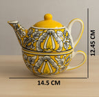 Handcrafted Yellow Ceramic Kettle Tea Set – 1 Floral Cup (350ml) and Teapot (450ml) | Handmade Ceramic Tea Set with Kettle | Microwave & Dishwasher Safe