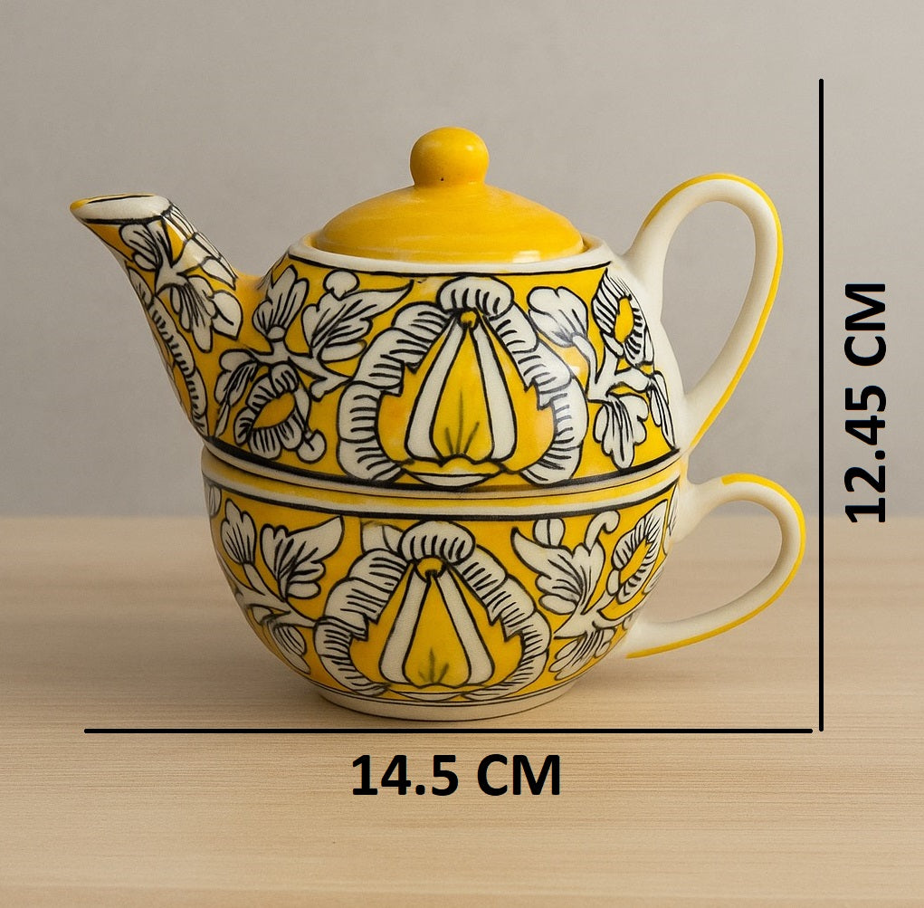 Handcrafted Yellow Ceramic Kettle Tea Set – 1 Floral Cup (350ml) and Teapot (450ml) | Handmade Ceramic Tea Set with Kettle | Microwave & Dishwasher Safe