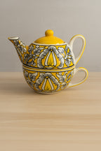 YUTORI Handcrafted Yellow Ceramic Kettle Tea Set – 1 Floral Cup (350ml) and Teapot (450ml) | Handmade Ceramic Tea Set with Kettle | Microwave & Dishwasher Safe