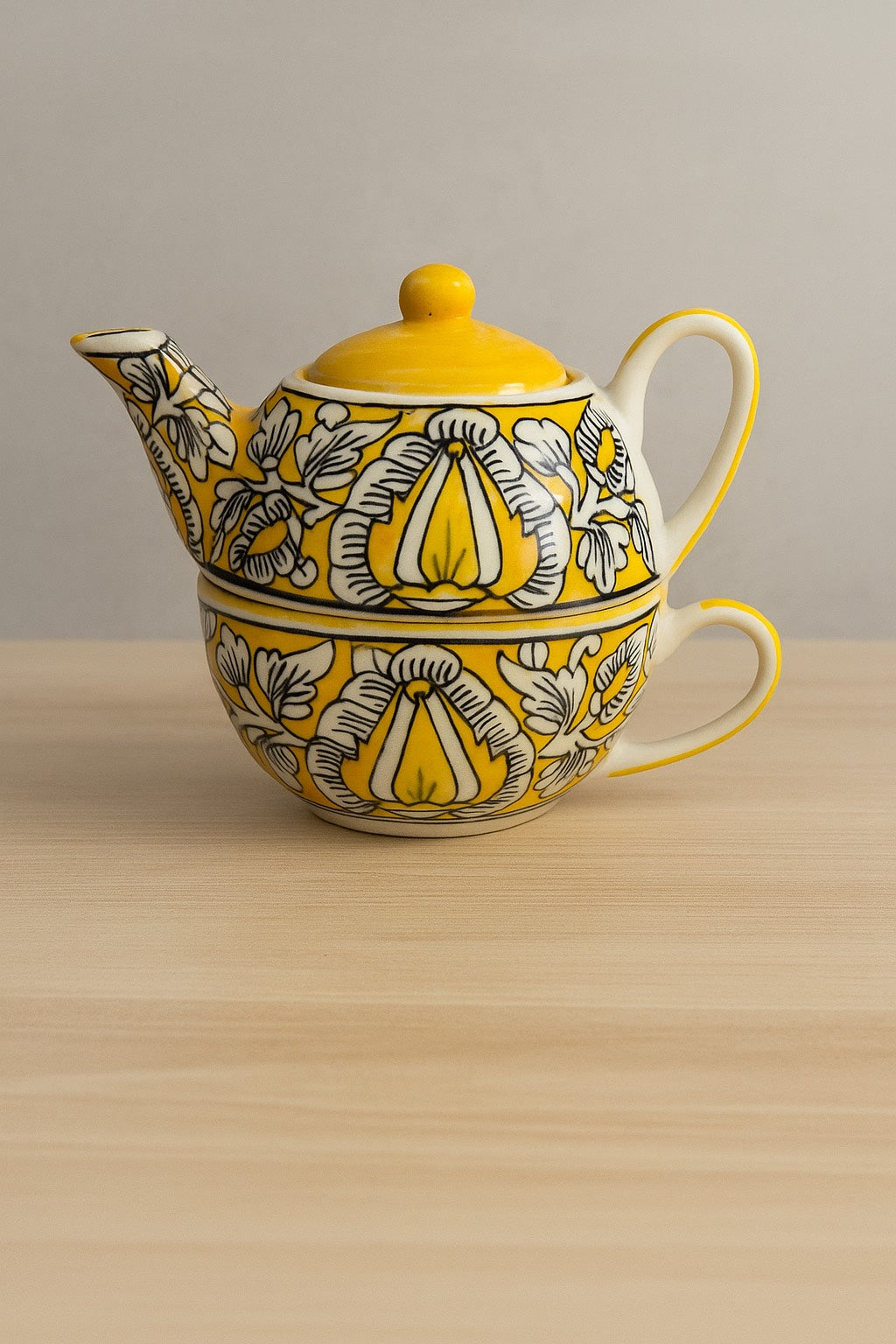 YUTORI Handcrafted Yellow Ceramic Kettle Tea Set – 1 Floral Cup (350ml) and Teapot (450ml) | Handmade Ceramic Tea Set with Kettle | Microwave & Dishwasher Safe