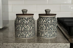 YUTORI Handcrafted Kitchenware Ceramic Container With Air Tight Wooden Lid Cap For Tea, Pickle, Sugar, Salt and Other Kitchen Items Hand Made Ceramic Jar 400 Ml each (800ml) - Set of 2 Grey