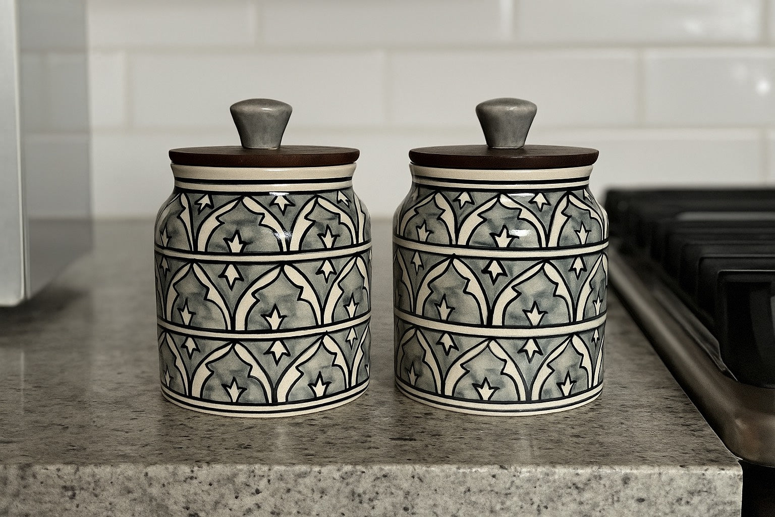 YUTORI Handcrafted Kitchenware Ceramic Container With Air Tight Wooden Lid Cap For Tea, Pickle, Sugar, Salt and Other Kitchen Items Hand Made Ceramic Jar 400 Ml each (800ml) - Set of 2 Grey