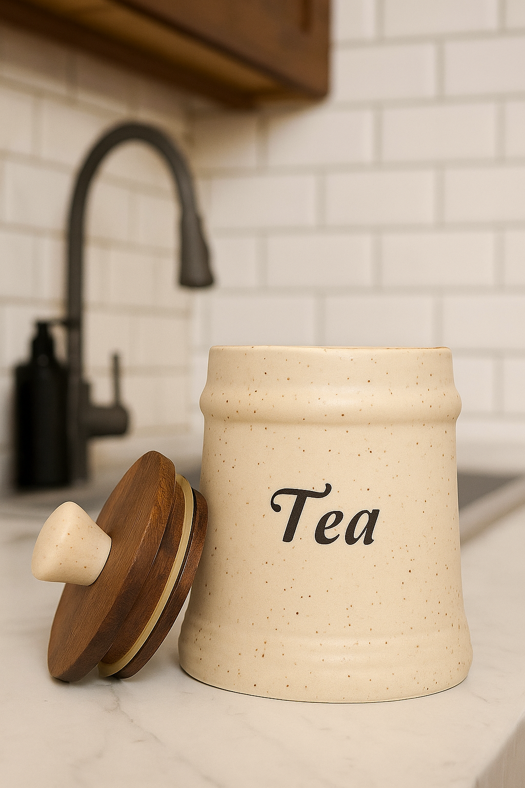 YUTORI Ceramic Kitchen Storage Jars with Wooden Lids – Set of 3 (Sugar, Tea, Coffee) | Airtight Kitchen Container - 400 Ml Each