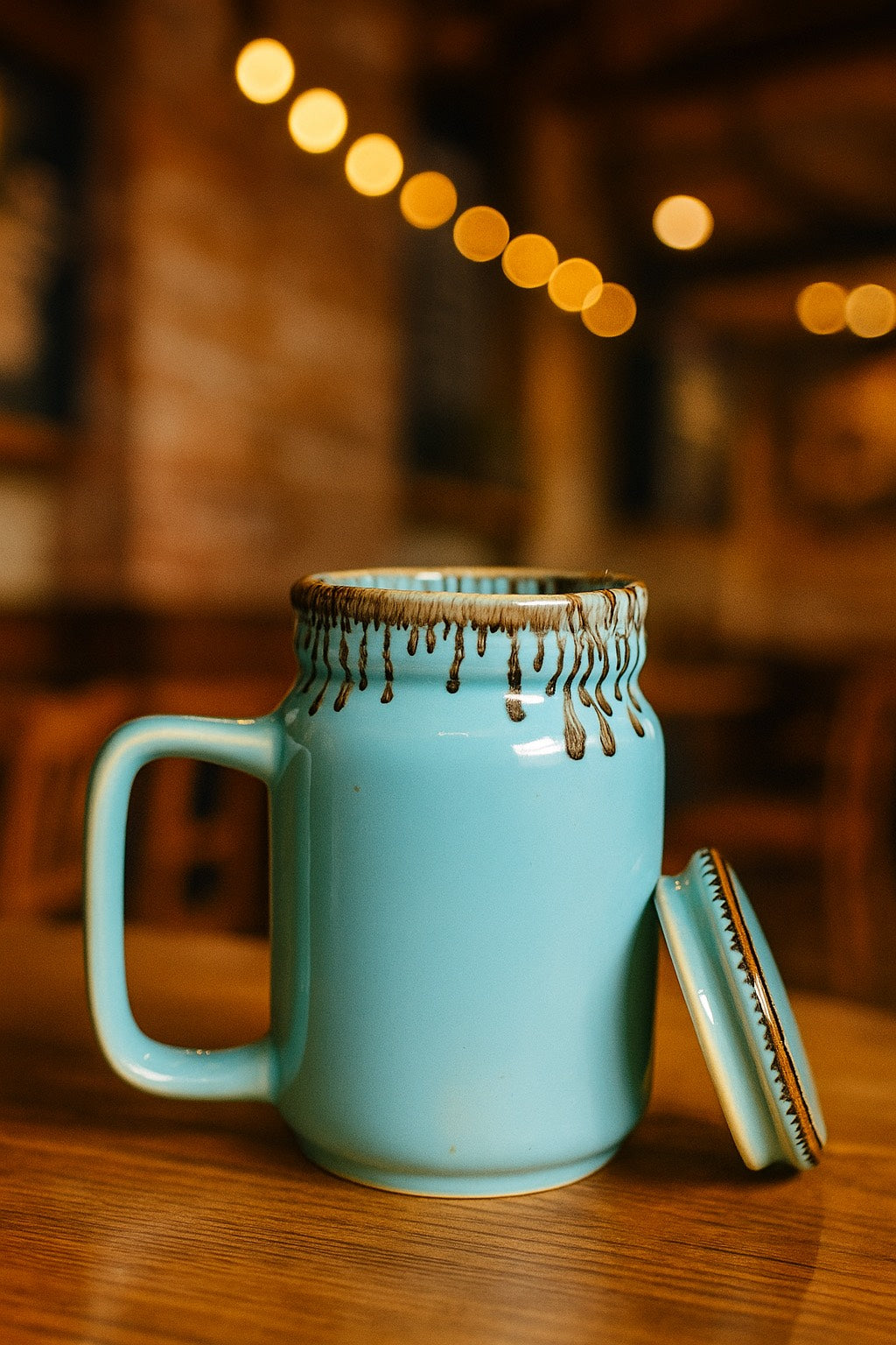 Handmade Ceramic Coffee Mug with Lid – Aquamarine Glazed with Drip Design– Cute & Stylish Drinkware for Home & Office | Perfect for Tea, Coffee & Gifting | Microwave Safe- 600ml