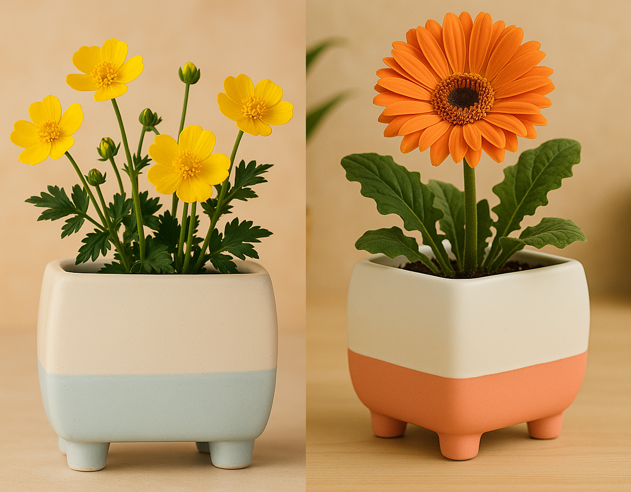 Set of 2 Modern Square Ceramic Planter with Legs  Ceramic Pot