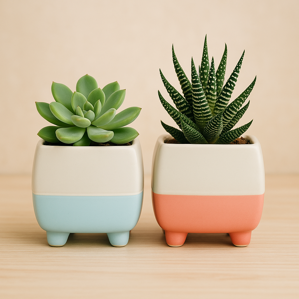 Set of 2 Modern Square Ceramic Planter with Legs  Ceramic Pot