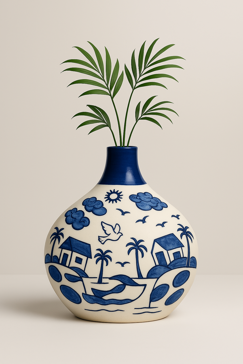 Beautiful Hand-Painted Ceramic Flower Vase for Decor- White and Blue