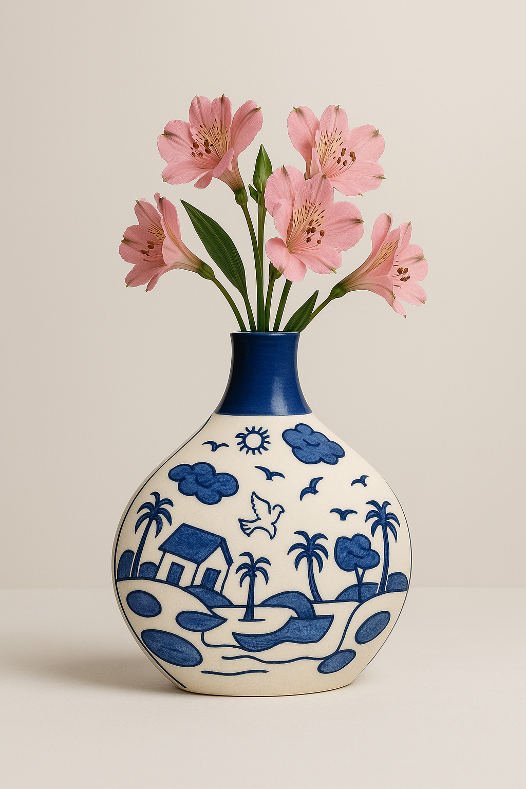 Beautiful Hand-Painted Ceramic Flower Vase for Decor- White and Blue