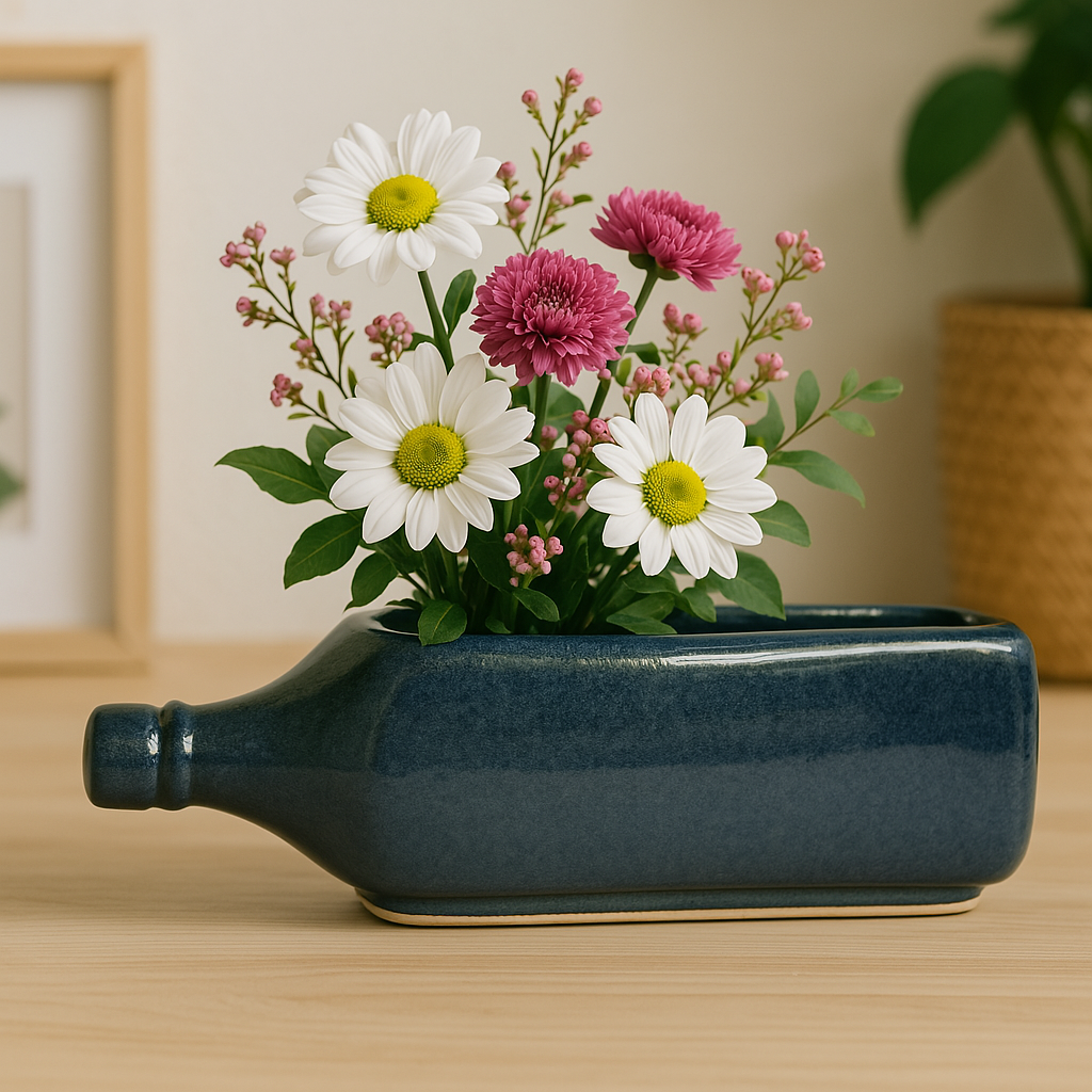 Ceramic Wine Bottle Planter for Indoor and Outdoor- Blue