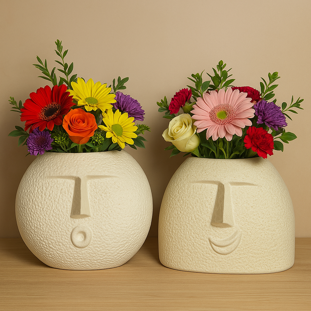 Set of 2 Modern Smiley o and Smiley u Face Ceramic Vase Matte Finish Showpiece