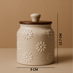 YUTORI Handcrafted Embossed Daisy Pattern Kitchenware Ceramic Container With Air Tight Wooden Lid Cap For Tea, Pickle, Sugar, Salt and Other Kitchen Items Hand Made Ceramic Jar- 400 ML