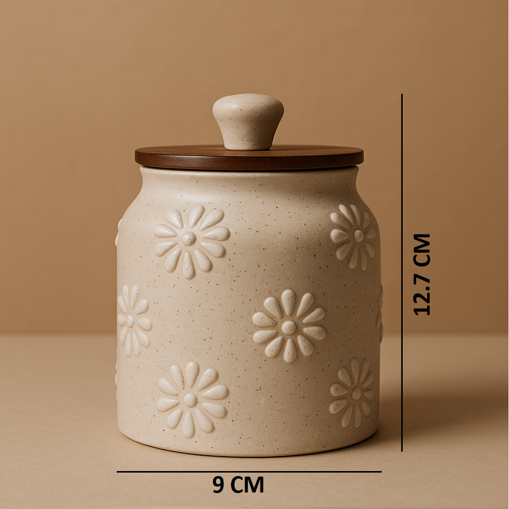 YUTORI Handcrafted Embossed Daisy Pattern Kitchenware Ceramic Container With Air Tight Wooden Lid Cap For Tea, Pickle, Sugar, Salt and Other Kitchen Items Hand Made Ceramic Jar- 400 ML