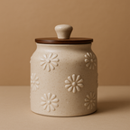 YUTORI Handcrafted Embossed Daisy Pattern Kitchenware Ceramic Container With Air Tight Wooden Lid Cap For Tea, Pickle, Sugar, Salt and Other Kitchen Items Hand Made Ceramic Jar- 400 ML