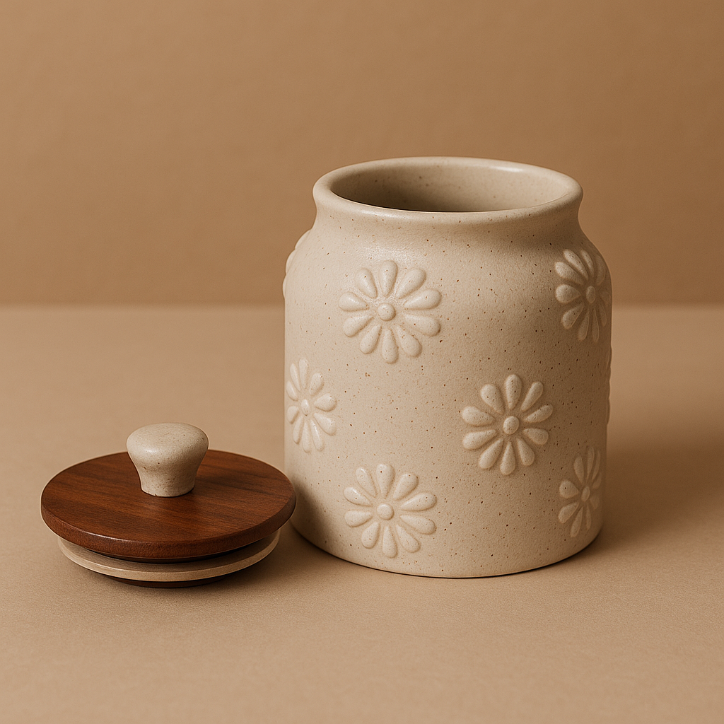 YUTORI Handcrafted Embossed Daisy Pattern Kitchenware Ceramic Container With Air Tight Wooden Lid Cap For Tea, Pickle, Sugar, Salt and Other Kitchen Items Hand Made Ceramic Jar- 400 ML