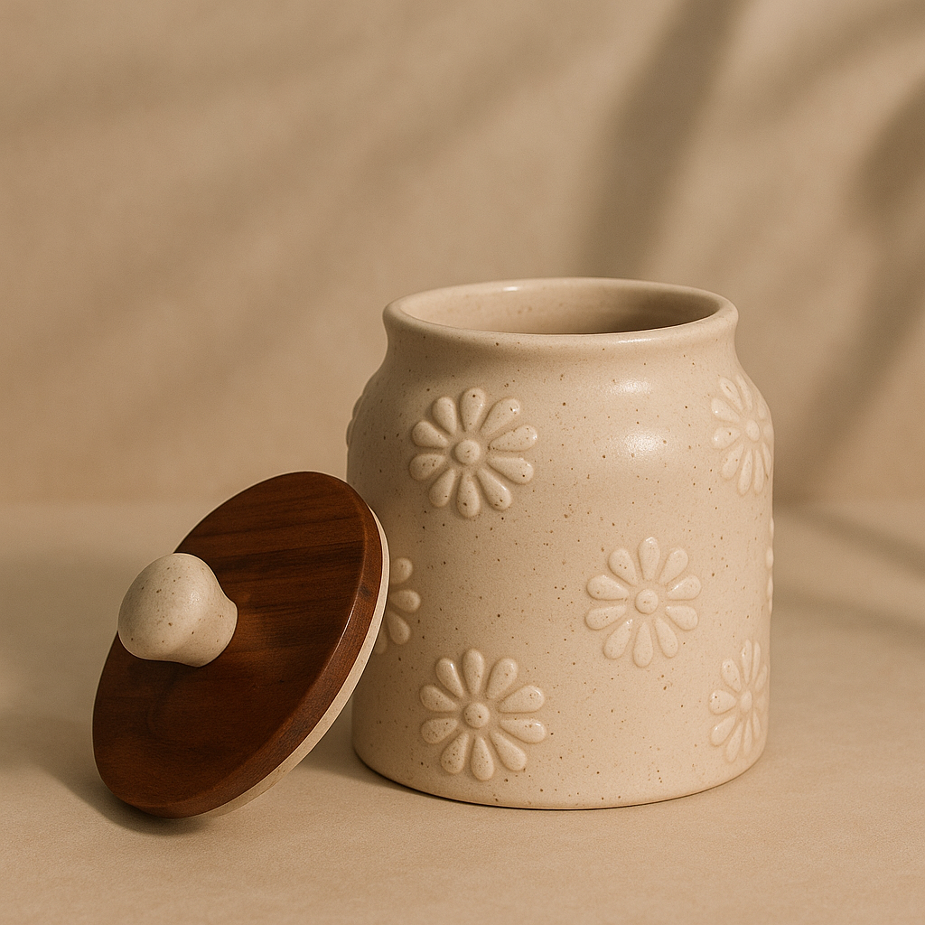 YUTORI Handcrafted Embossed Daisy Pattern Kitchenware Ceramic Container With Air Tight Wooden Lid Cap For Tea, Pickle, Sugar, Salt and Other Kitchen Items Hand Made Ceramic Jar- 400 ML