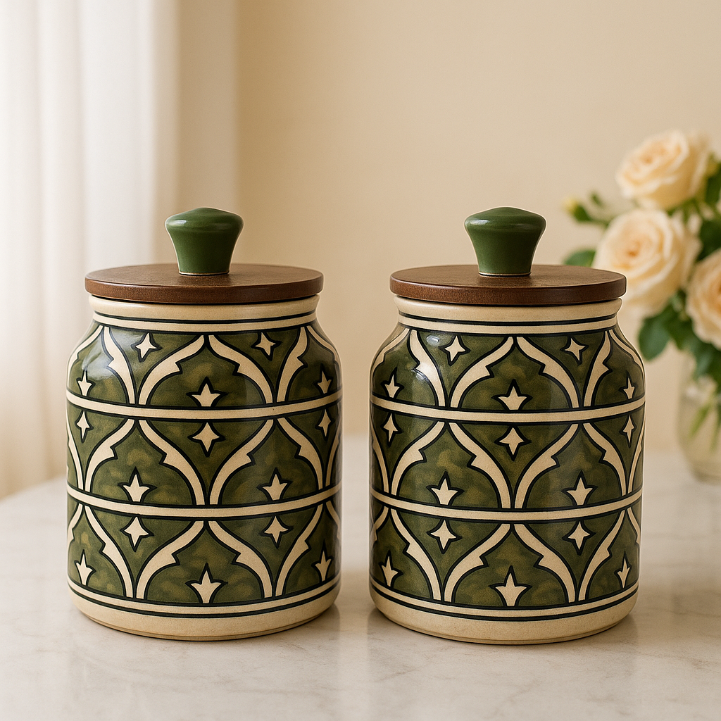 Set of 2 Handcrafted Kitchenware Ceramic Container Jar