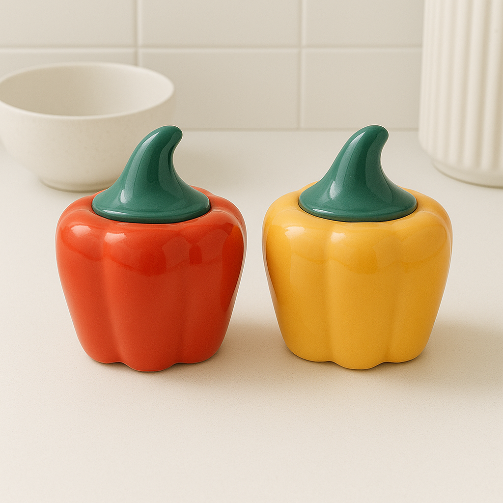 Set of 2 Ceramic Bell Pepper/Capsicum Decorative Pickle Jar/Food Storage Jar