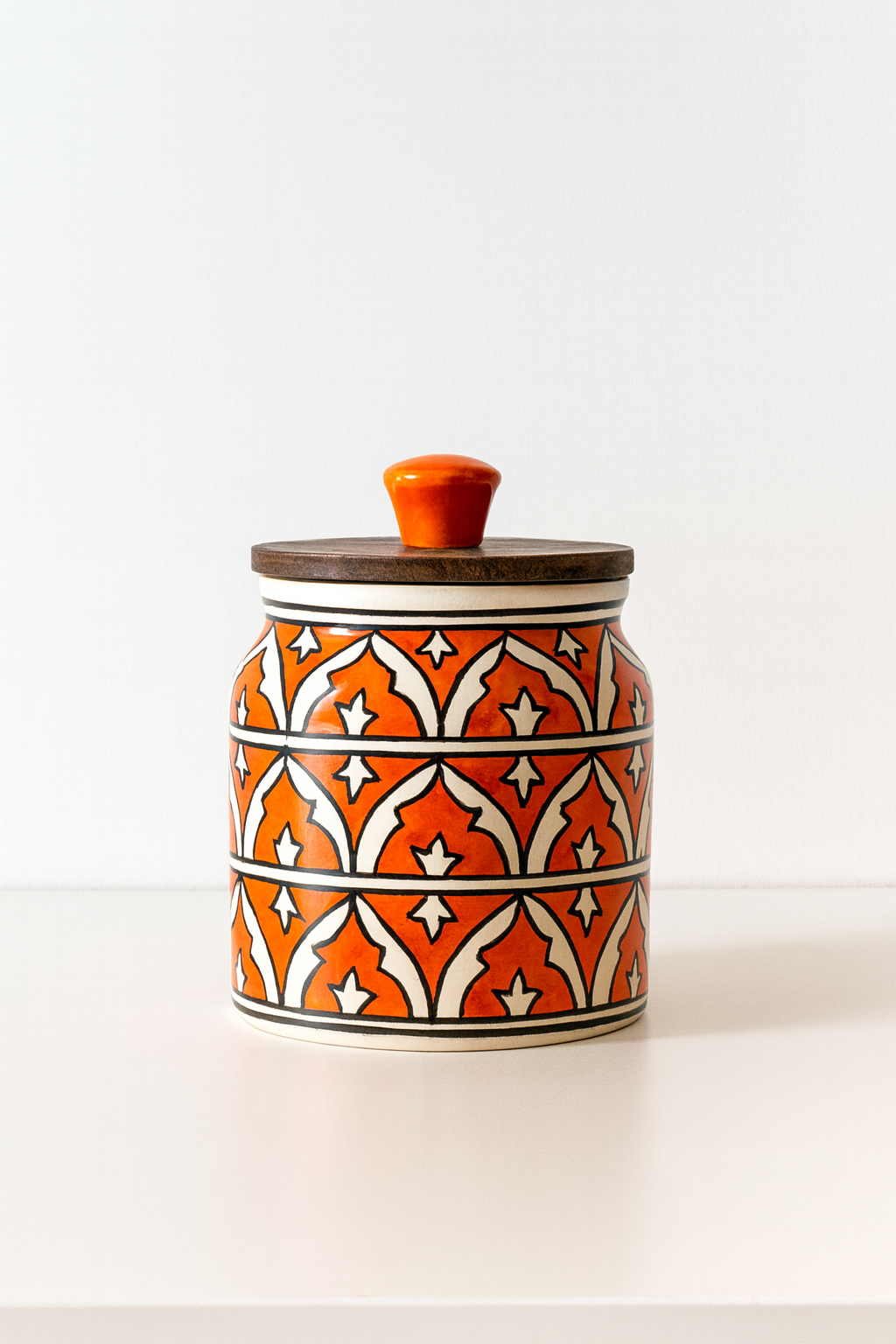 YUTORI Handcrafted Kitchenware Ceramic Container With Air Tight Wooden Lid Cap For Tea, Pickle, Sugar, Salt and for other Kitchen Items Ceramic Container- 400 ML Orange