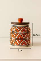 YUTORI Handcrafted Kitchenware Ceramic Container With Air Tight Wooden Lid Cap For Tea, Pickle, Sugar, Salt and for other Kitchen Items Ceramic Container- 400 ML Orange