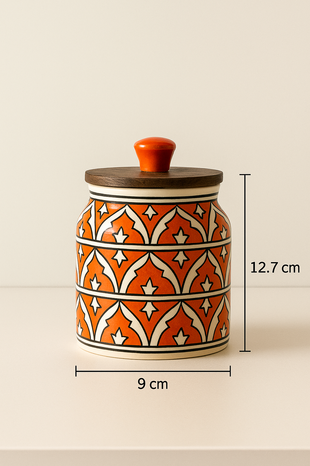 YUTORI Handcrafted Kitchenware Ceramic Container With Air Tight Wooden Lid Cap For Tea, Pickle, Sugar, Salt and for other Kitchen Items Ceramic Container- 400 ML Orange
