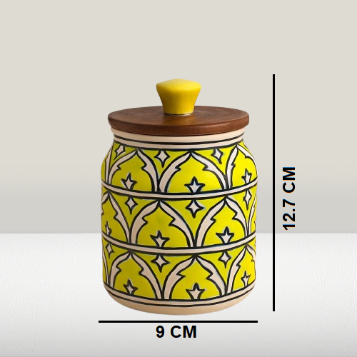 YUTORI Handcrafted Kitchenware Ceramic Container With Air Tight Wooden Lid Cap For Tea, Pickle, Sugar, Salt and Other Kitchen Items Hand Made Ceramic Jar- Lime Green 400 ML