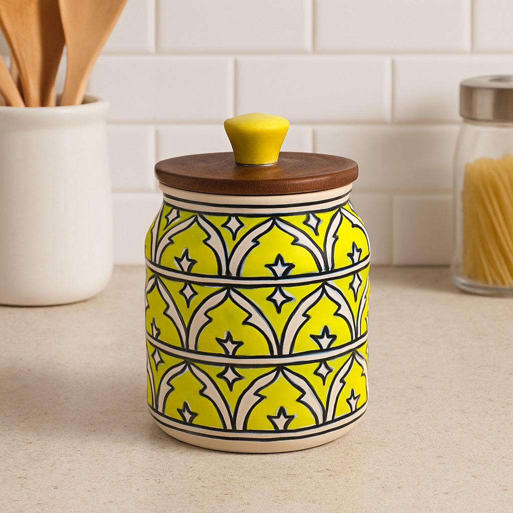 YUTORI Handcrafted Kitchenware Ceramic Container With Air Tight Wooden Lid Cap For Tea, Pickle, Sugar, Salt and Other Kitchen Items Hand Made Ceramic Jar- Lime Green 400 ML