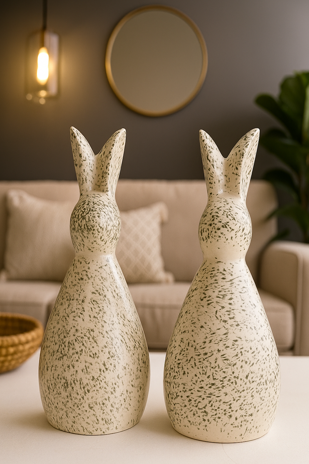 Set of 2 Handcrafted Ceramic Decor Bunny Figurine Green