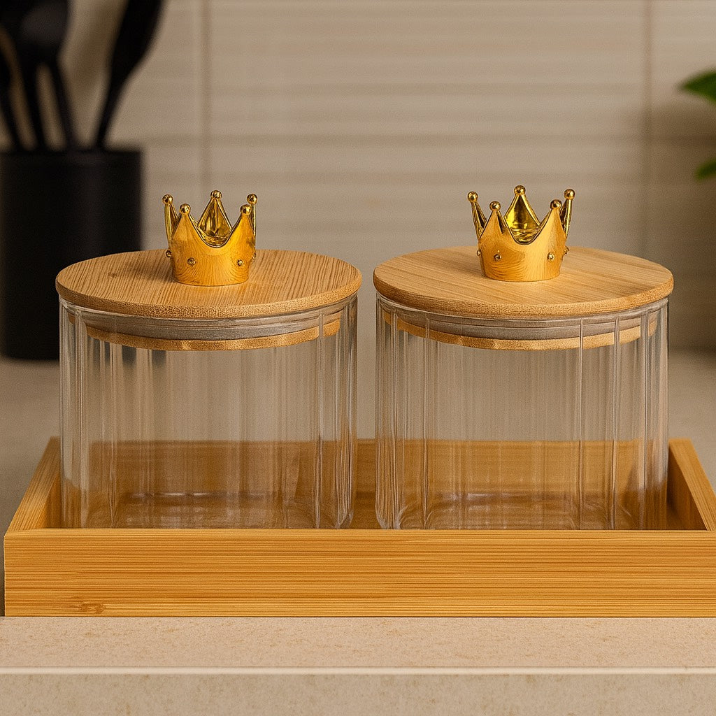 YUTORI Set of 2 Royal Crown Borosilicate Glass Jar Set with Bamboo Lids & Bamboo Tray – Clear Storage Containers for Kitchen – Airtight Spice, Sugar, Tea, Coffee Organizer