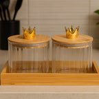 YUTORI Set of 2 Royal Crown Borosilicate Glass Jar Set with Bamboo Lids & Bamboo Tray – Clear Storage Containers for Kitchen – Airtight Spice, Sugar, Tea, Coffee Organizer