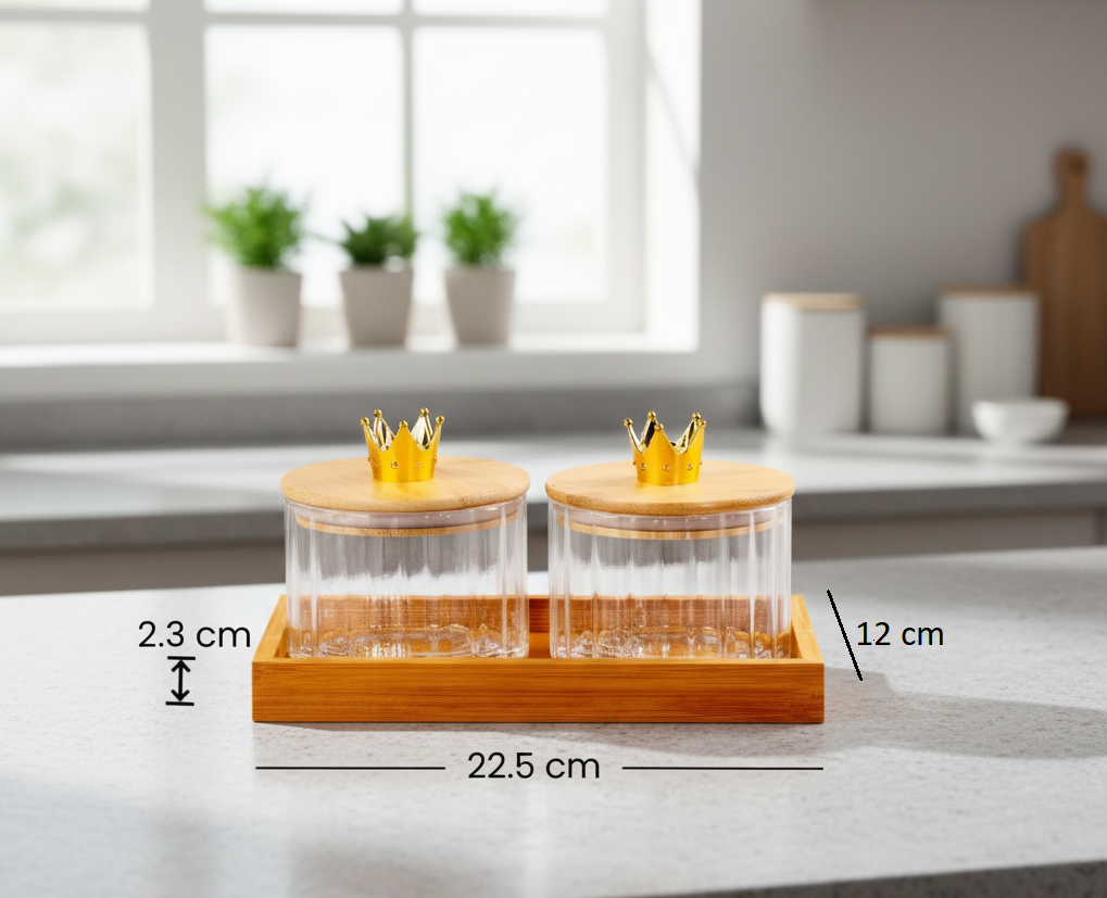 YUTORI Set of 2 Royal Crown Borosilicate Glass Jar Set with Bamboo Lids & Bamboo Tray – Clear Storage Containers for Kitchen – Airtight Spice, Sugar, Tea, Coffee Organizer