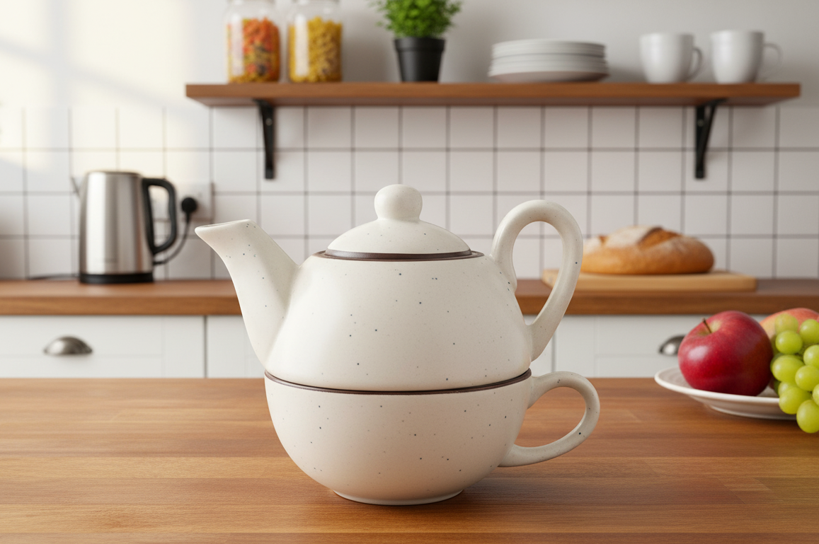 Handcrafted White Ceramic Kettle Tea Set with Elegant Speckled Design – 1 Floral Cup (350ml) and Teapot (450ml) | Handmade Ceramic Tea Set with Kettle | Microwave & Dishwasher Safe