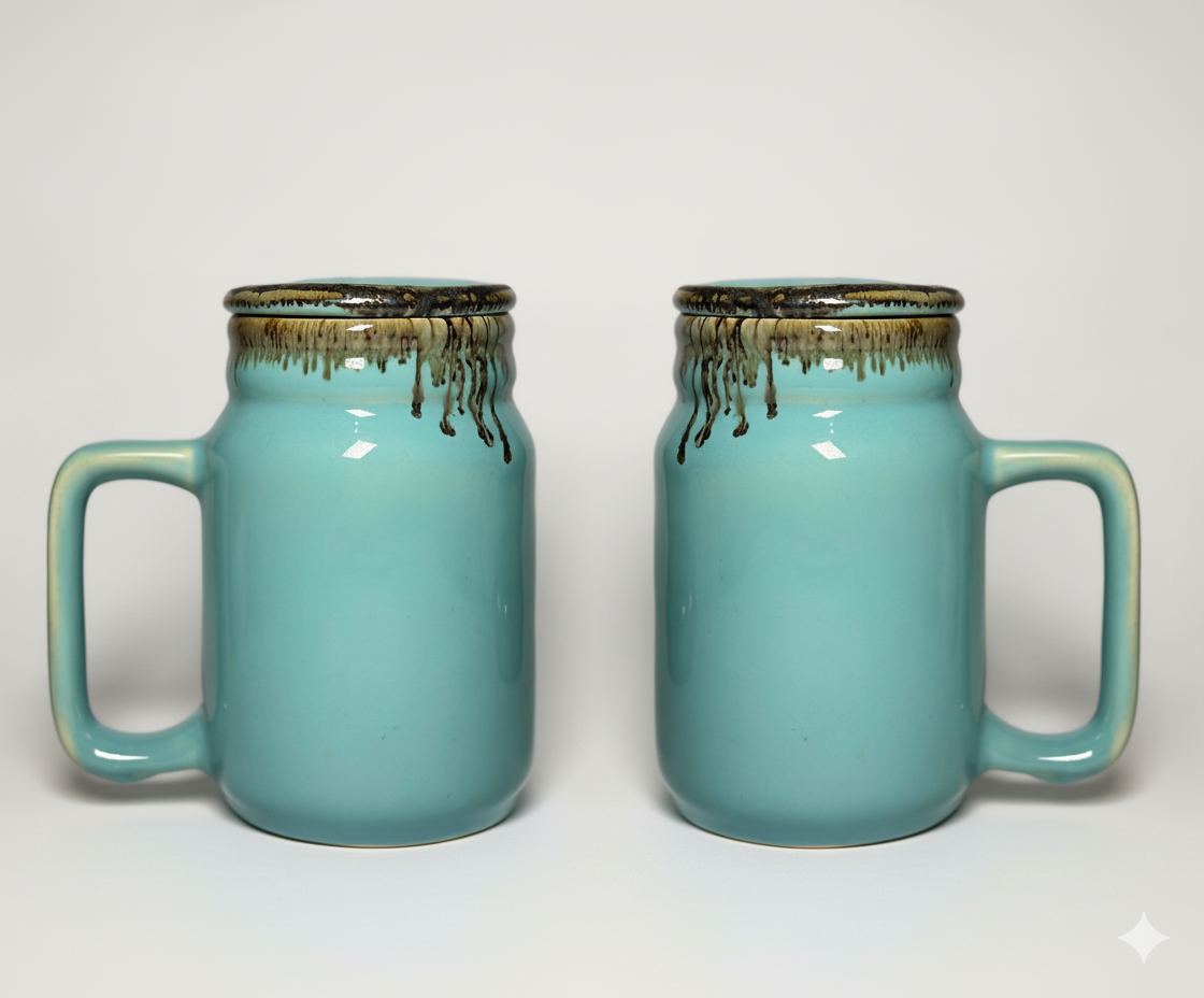 Handmade Ceramic Coffee Mug with Lid – Aquamarine Glazed with Drip Design– Cute & Stylish Drinkware for Home & Office | Perfect for Tea, Coffee & Gifting | Microwave Safe- 600ml